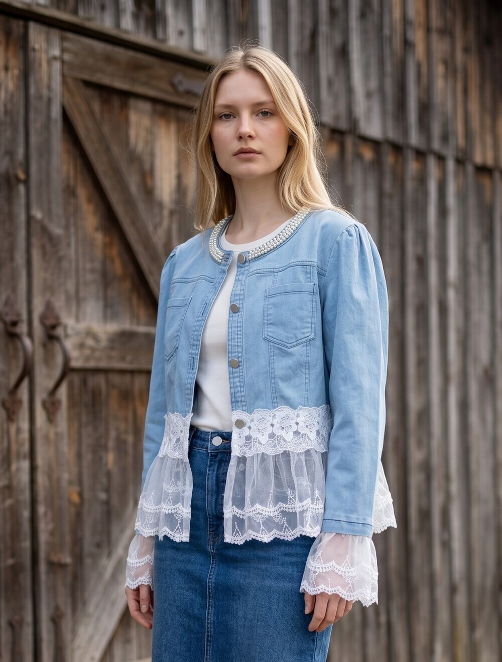 Vintage Icy Blue Denim Jacket with White Lace Trim